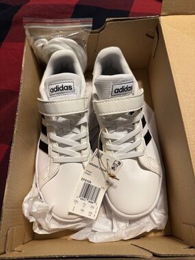 adidas Kids White Sneakers with Black Stripes